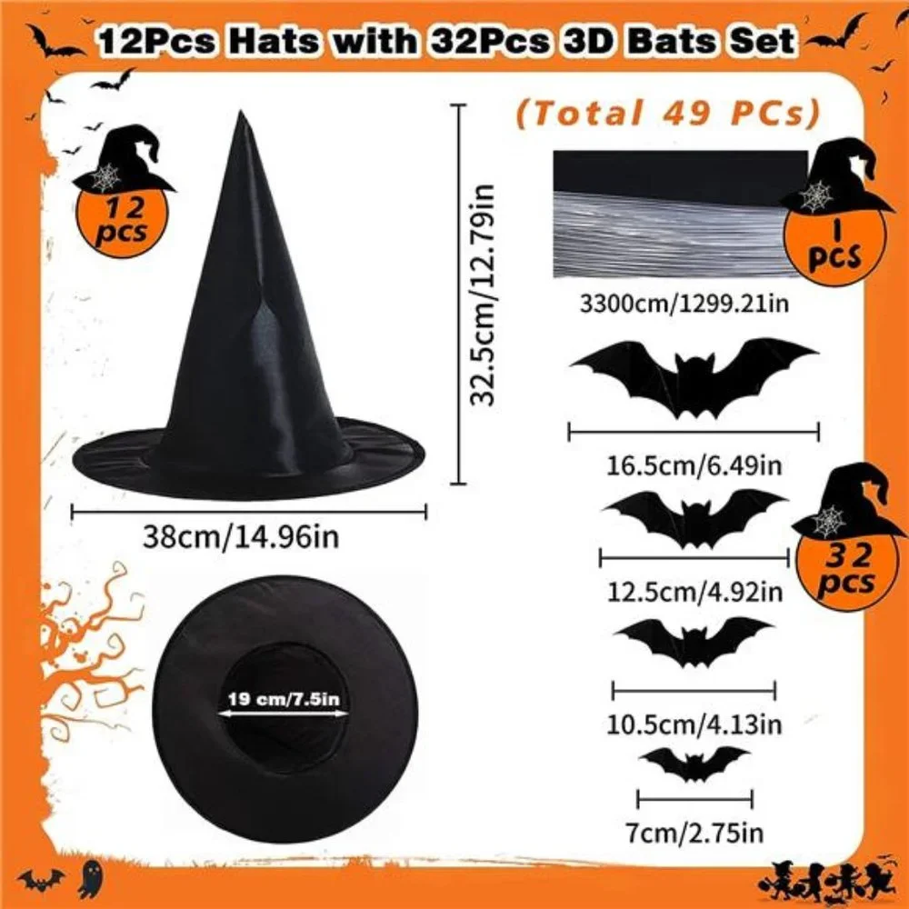 Halloween Decorations Witch Hat Set - 12PCS Black Witch Hats & 32PCS 3D Bats